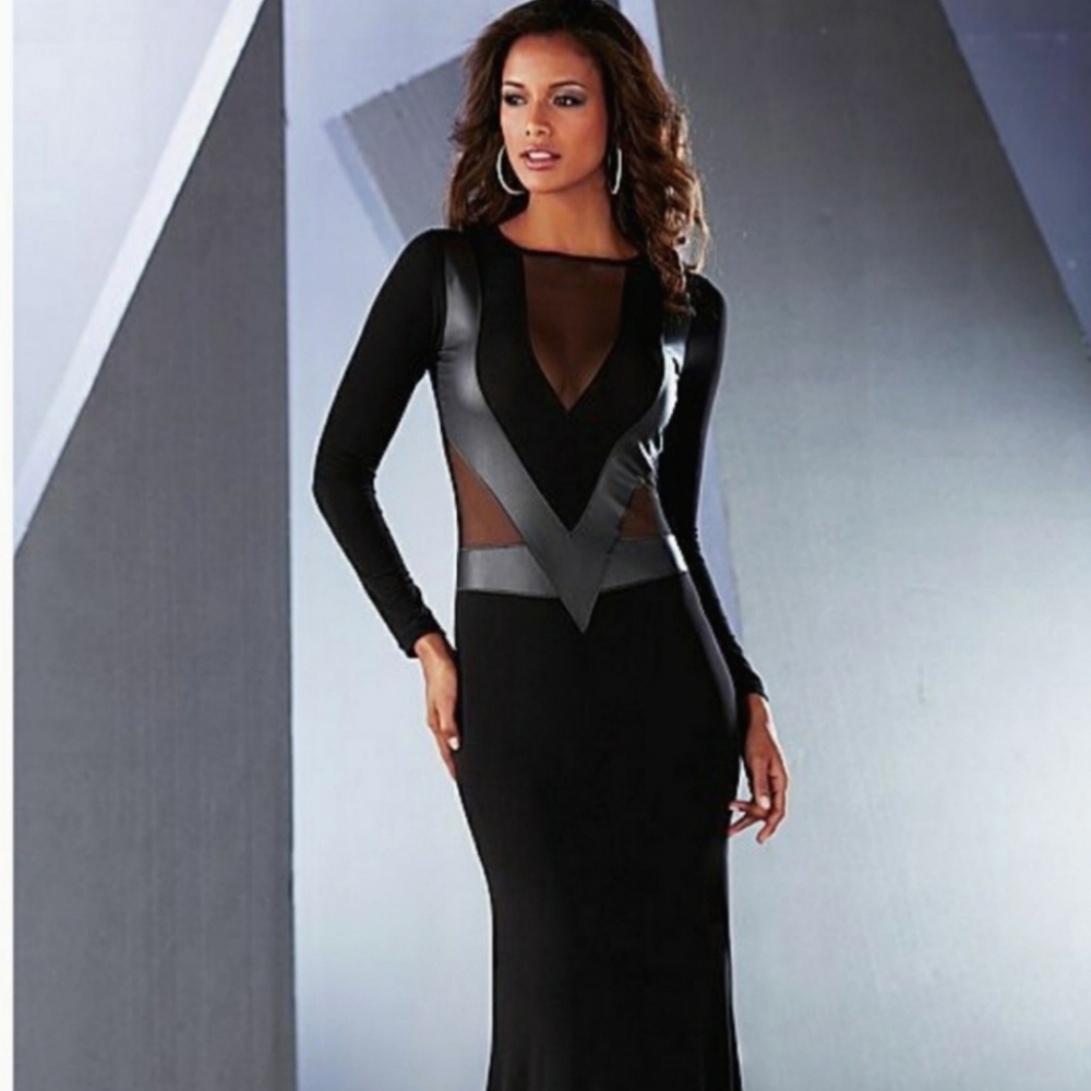 Stunning Long Sleeve Mesh Insert Faux Leather Gown